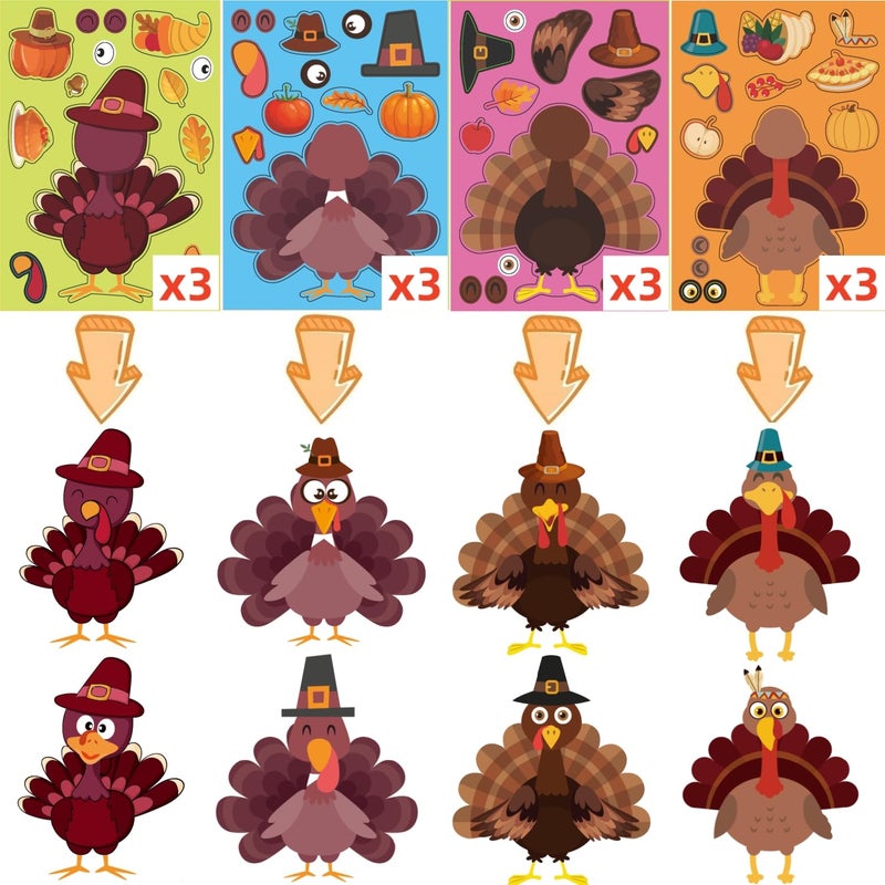 UDTAATO 36 Sheets Thanksgiving Stickers(12 Different Designs)  Thanksgiving Crafts for Kids Thanksgiving Make Your Own Turkey Stickers for Kids DIY Turkey Games Thanksgiving Fall Party Favors Supplies - Image 3
